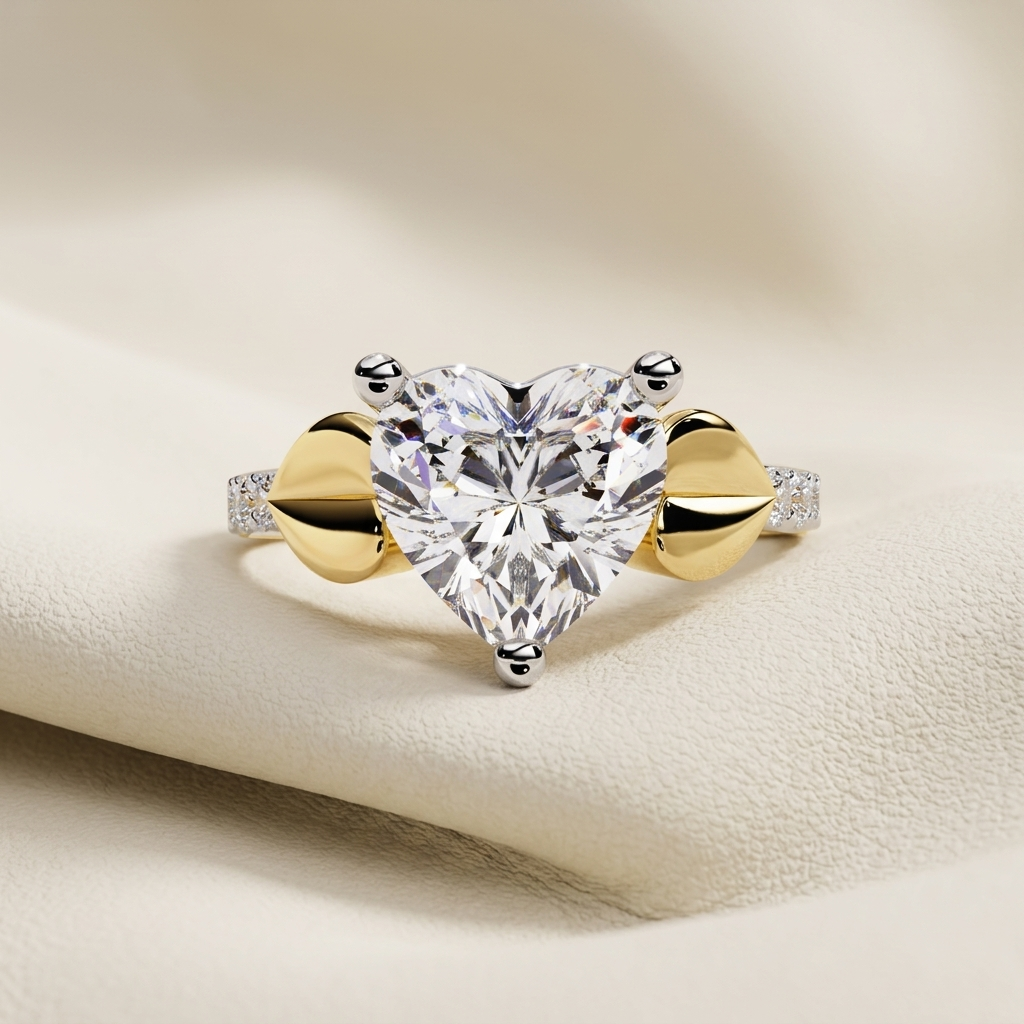 Yellow gold heart cut solitaire diamond bypass engagement ring
Elegant heart shaped diamond ring with bypass band design
Luxury yellow gold heart solitaire engagement ring with pavé shoulders
Fine jewelry heart cut diamond bypass ring in yellow gold
Contemporary heart shaped solitaire ring with polished gold bypass setting
Premium heart diamond engagement ring with pavé accent band
Designer heart cut solitaire bypass diamond ring close up
Romantic yellow gold heart diamond ring with modern bypass style
Styl