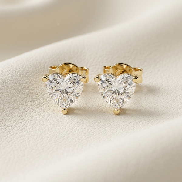 Heart Cut Lab Grown Diamond Solitaire Stud Earrings in yellow gold
