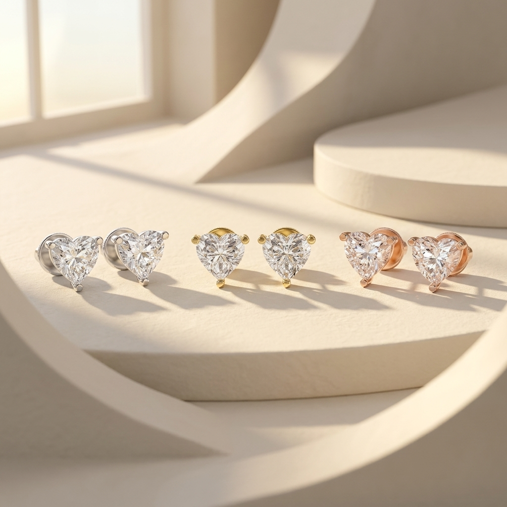 Heart diamond stud earrings available in white, yellow, and rose gold finishes.
Luxury heart-shaped diamond stud earrings crafted in white, yellow, and rose gold.
Elegant heart solitaire diamond earrings showcased in three premium gold tones.
Fine jewelry heart diamond studs featuring brilliant heart-cut diamonds in three gold finishes.
Contemporary heart-shaped diamond earrings displayed in white, yellow, and rose gold.
Premium heart solitaire diamond stud earrings designed in three luxurious gold colors.

