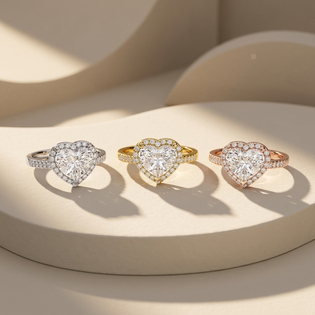 Heart halo solitaire diamond rings in white yellow and rose gold
Tricolor heart halo diamond engagement ring collection
Luxury heart shaped halo diamond rings in three gold finishes
Fine jewelry tricolor heart solitaire ring showcase
Premium white yellow and rose gold heart halo diamond ring collection
Contemporary heart cut halo engagement rings with pavé bands
Designer tricolor heart halo diamond ring trio
Elegant heart shaped solitaire rings with sparkling halo settings
Stylish tricolor heart halo diamon