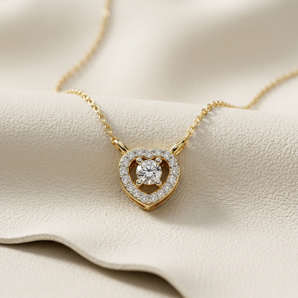 Yellow gold heart halo diamond solitaire pendant necklace
Elegant heart shaped diamond pendant with gold chain
Luxury diamond halo heart necklace close up
Fine jewelry heart pendant featuring round brilliant diamond
Sparkling heart halo diamond necklace in yellow gold
Classic gold heart pendant with diamond center stone
Premium heart diamond necklace on soft display
Modern heart halo pendant with brilliant diamond accent
Designer yellow gold heart diamond pendant for women
Timeless heart shaped diamond neck