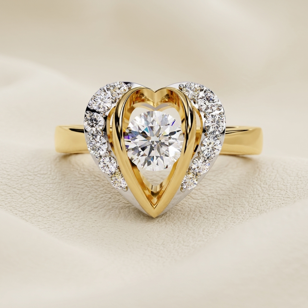 Yellow gold heart halo solitaire diamond engagement ring
Elegant heart shaped halo engagement ring with round solitaire diamond
Luxury yellow gold heart halo diamond ring with sparkling accents
Fine jewelry heart inspired solitaire diamond ring
Contemporary heart halo engagement ring in yellow gold
Premium heart design diamond ring with brilliant round center stone
Designer heart halo solitaire ring close up
Romantic yellow gold heart diamond engagement ring on soft background
Stylish heart framed solitaire