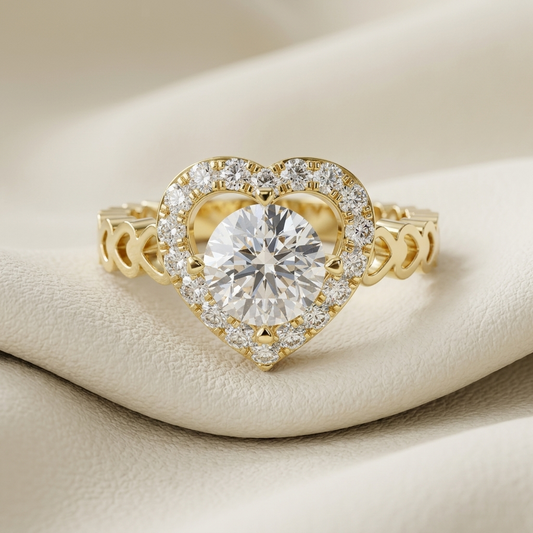 Heart halo solitaire diamond ring in yellow gold.
Yellow gold heart halo diamond ring.
Round diamond ring with heart halo.
Heart halo engagement ring.
Heart-shaped halo diamond ring.
Elegant heart halo solitaire ring.
Gold heart halo diamond ring.
Romantic heart halo engagement ring.
Luxury heart halo diamond ring.
Round solitaire with heart halo ring.