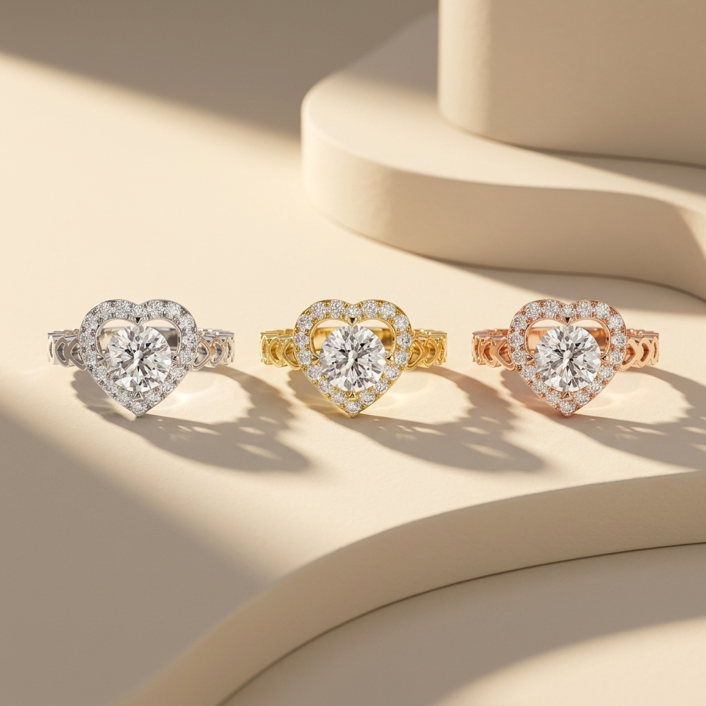 Heart halo solitaire rings in three gold tones.
Heart halo diamond rings in white, yellow, and rose gold.
Heart halo solitaire ring collection.
Triple gold heart halo diamond rings.
Heart halo engagement rings in three finishes.
Romantic heart halo ring collection.
Elegant heart halo diamond rings.
Luxury heart halo solitaire rings.
Heart halo rings in three gold colors.
Round diamond rings with heart halos.
