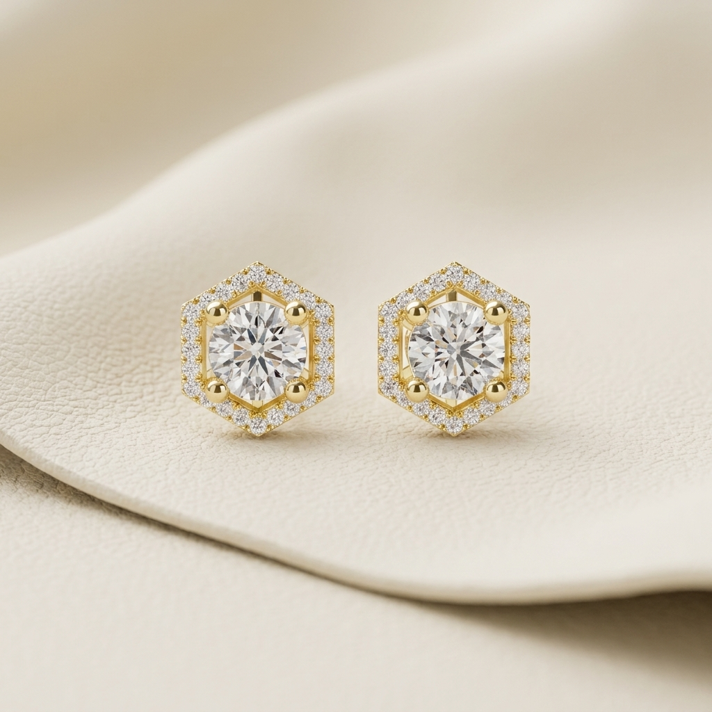 Yellow gold hexagon diamond stud earrings with a sparkling pavé halo.
Elegant hexagon diamond stud earrings crafted in polished yellow gold.
Luxury yellow gold hexagonal earrings featuring brilliant round center diamonds.
Fine jewelry hexagon stud earrings with dazzling pavé diamond accents.
Contemporary yellow gold geometric diamond studs with a refined hexagon design.
Premium hexagon-shaped diamond earrings showcasing brilliant round diamonds.
Designer yellow gold hexagon stud earrings with a radiant diam