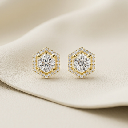 Yellow gold hexagon diamond stud earrings with a sparkling pavé halo.
Elegant hexagon diamond stud earrings crafted in polished yellow gold.
Luxury yellow gold hexagonal earrings featuring brilliant round center diamonds.
Fine jewelry hexagon stud earrings with dazzling pavé diamond accents.
Contemporary yellow gold geometric diamond studs with a refined hexagon design.
Premium hexagon-shaped diamond earrings showcasing brilliant round diamonds.
Designer yellow gold hexagon stud earrings with a radiant diam