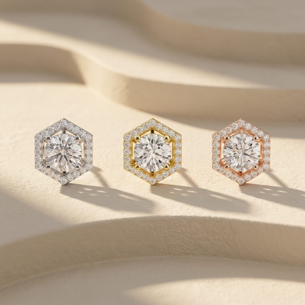 Hexagon diamond stud earrings available in white, yellow, and rose gold finishes.
Luxury hexagon diamond stud earrings crafted in white, yellow, and rose gold.
Elegant geometric diamond stud earrings showcased in three premium gold tones.
Fine jewelry hexagon diamond studs featuring brilliant center stones in three gold finishes.
Contemporary hexagon diamond earrings with sparkling pavé halos in white, yellow, and rose gold.
Premium geometric diamond stud earrings designed in three luxurious gold colors.
De