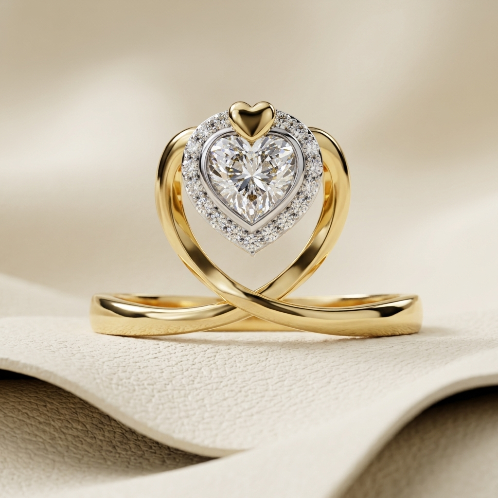 Yellow gold infinity heart halo diamond engagement ring
Elegant heart shaped halo diamond ring with infinity crossover band
Luxury yellow gold heart solitaire engagement ring with diamond halo
Fine jewelry heart halo diamond ring featuring an infinity inspired shank
Contemporary yellow gold heart diamond engagement ring with pavé halo
Premium heart shaped diamond halo ring with crossover infinity band
Designer infinity heart halo engagement ring close up
Romantic yellow gold heart halo diamond ring on soft 