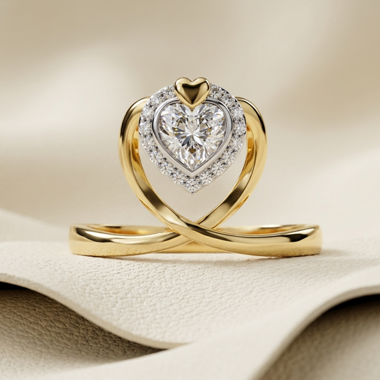 Yellow gold infinity heart halo diamond engagement ring
Elegant heart shaped halo diamond ring with infinity crossover band
Luxury yellow gold heart solitaire engagement ring with diamond halo
Fine jewelry heart halo diamond ring featuring an infinity inspired shank
Contemporary yellow gold heart diamond engagement ring with pavé halo
Premium heart shaped diamond halo ring with crossover infinity band
Designer infinity heart halo engagement ring close up
Romantic yellow gold heart halo diamond ring on soft 
