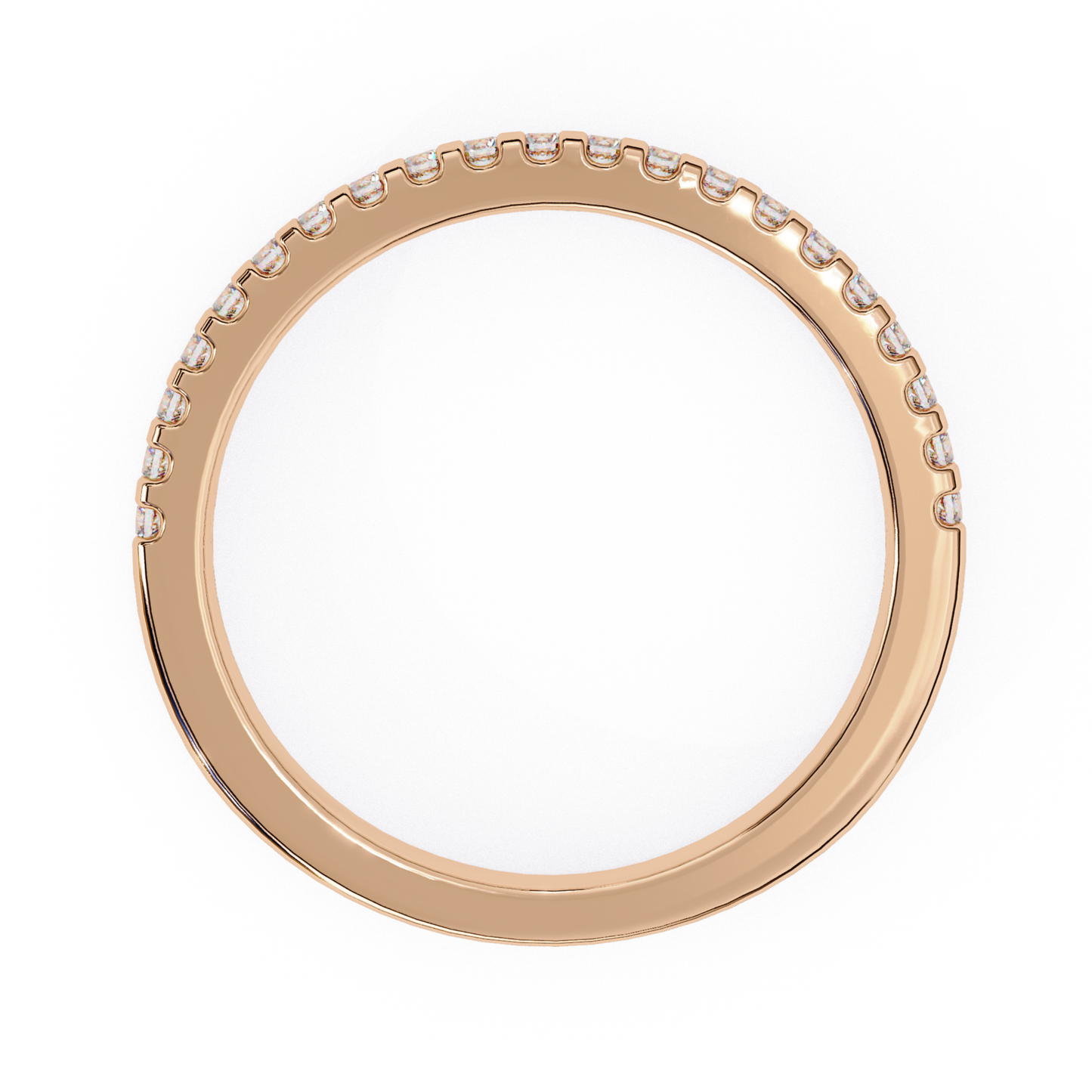 Inside view of round diamond half eternity band in rose gold