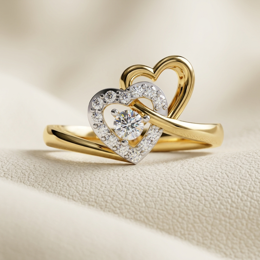 Yellow gold interlocking heart halo diamond ring
Elegant double heart diamond ring with halo center stone
Luxury yellow gold intertwined heart statement ring
Fine jewelry heart halo ring with brilliant round diamond
Contemporary interlocking heart diamond ring with pavé accents
Premium yellow gold heart inspired fashion ring
Designer intertwined heart halo diamond ring close up
Romantic yellow gold double heart ring with sparkling diamonds
Stylish interlocking heart statement ring on soft background
Modern 