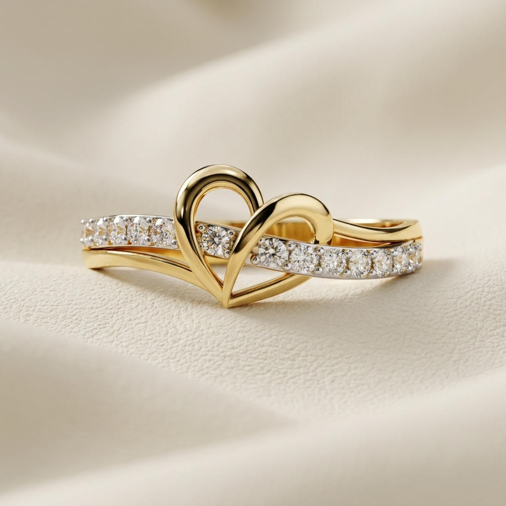 Yellow gold heart ring with sweeping diamond wave band
Sculpted open heart centerpiece crossing a sparkling pavé curve
Elegant gold ring featuring intertwined heart and diamond details
Flowing diamond band accented with a polished heart motif
Contemporary yellow gold ring with graceful crossover design
Sparkling round diamonds set along a curved heart inspired band
Artistic openwork heart ring with layered gold wave accents
Fine jewelry diamond ring showcasing a fluid love inspired silhouette
Polished heart