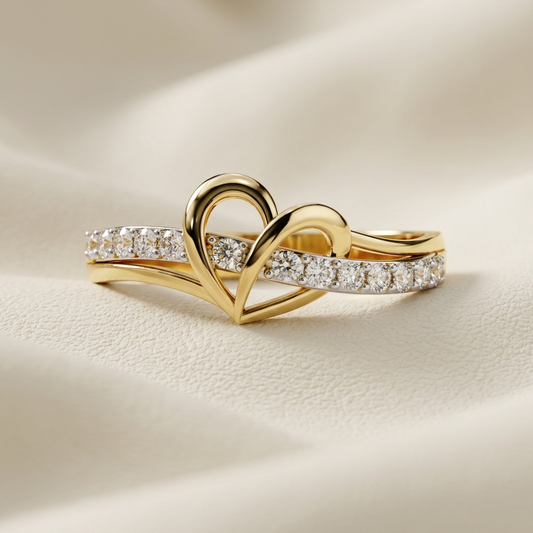 Yellow gold heart ring with sweeping diamond wave band
Sculpted open heart centerpiece crossing a sparkling pavé curve
Elegant gold ring featuring intertwined heart and diamond details
Flowing diamond band accented with a polished heart motif
Contemporary yellow gold ring with graceful crossover design
Sparkling round diamonds set along a curved heart inspired band
Artistic openwork heart ring with layered gold wave accents
Fine jewelry diamond ring showcasing a fluid love inspired silhouette
Polished heart