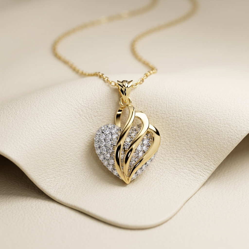Yellow gold layered heart diamond pendant necklace
Elegant layered ribbon heart pendant with pavé diamonds
Luxury yellow gold heart pendant featuring layered diamond design
Fine jewelry layered heart necklace on delicate gold chain
Contemporary layered heart pendant with sparkling diamond pavé
Premium yellow gold layered heart diamond jewelry
Designer layered heart pendant necklace close up
Romantic yellow gold heart pendant with diamond covered center
Stylish layered ribbon heart necklace on soft backgroun