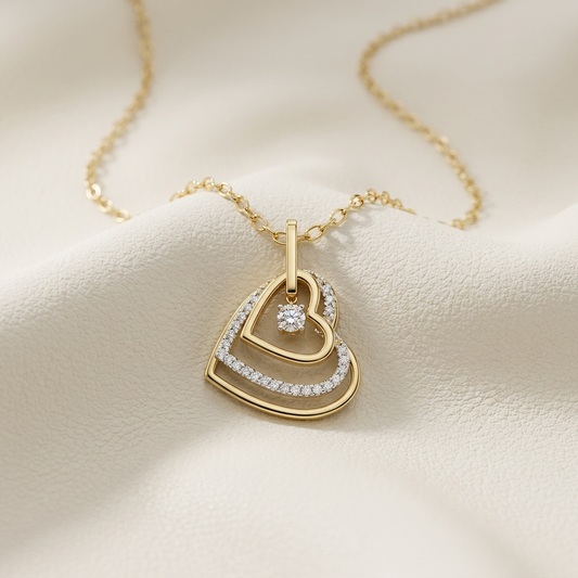 Yellow gold layered open heart diamond pendant necklace
Elegant layered heart pendant with floating round diamond
Luxury yellow gold open heart necklace with pavé diamond accents
Fine jewelry layered heart diamond pendant on delicate gold chain
Contemporary open heart pendant with suspended round brilliant diamond
Premium yellow gold layered heart necklace with sparkling diamond details
Designer open heart diamond pendant close up
Romantic layered heart necklace with floating solitaire diamond
Stylish yello