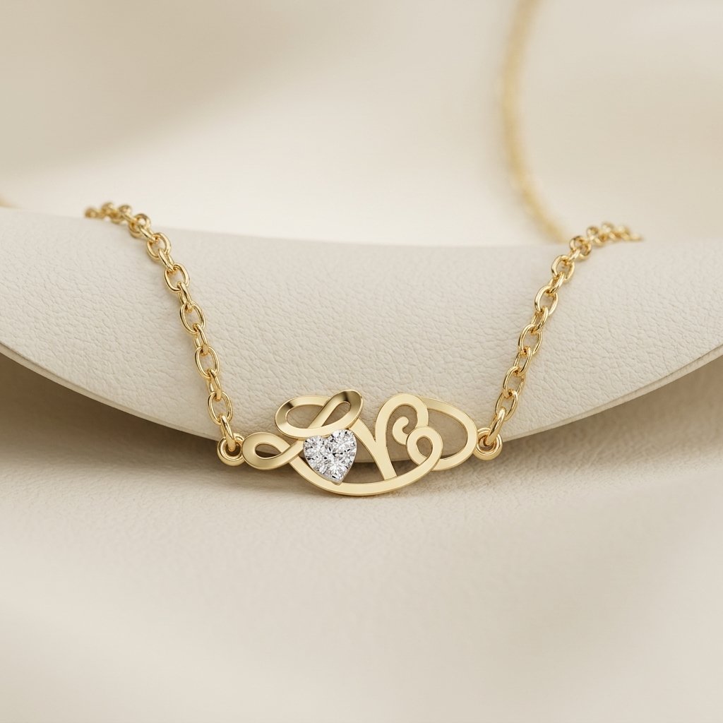 Yellow gold love initial heart diamond name necklace
Elegant script initial necklace with heart shaped diamond accent
Luxury personalized style gold name pendant with heart diamond
Fine jewelry cursive initial necklace on delicate gold chain
Contemporary gold initial pendant with sparkling heart shaped diamond
Premium love script necklace featuring a heart cut diamond
Designer initial name pendant with elegant calligraphy style
Stylish yellow gold personalized heart diamond necklace close up
Romantic script
