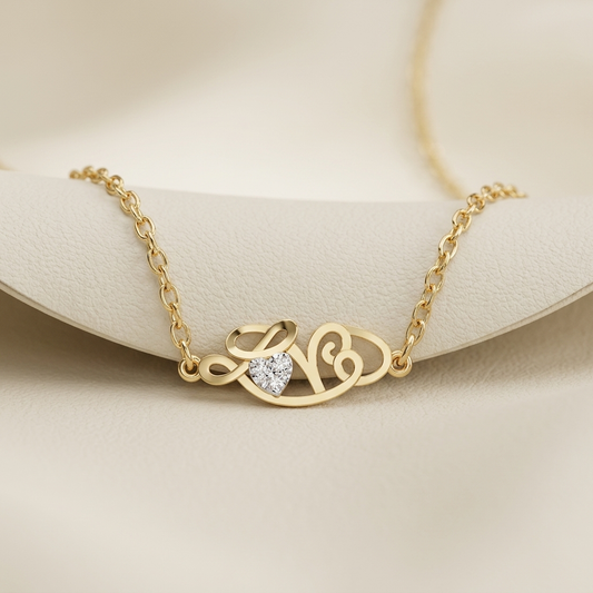 Yellow gold love initial heart diamond name necklace
Elegant script initial necklace with heart shaped diamond accent
Luxury personalized style gold name pendant with heart diamond
Fine jewelry cursive initial necklace on delicate gold chain
Contemporary gold initial pendant with sparkling heart shaped diamond
Premium love script necklace featuring a heart cut diamond
Designer initial name pendant with elegant calligraphy style
Stylish yellow gold personalized heart diamond necklace close up
Romantic script