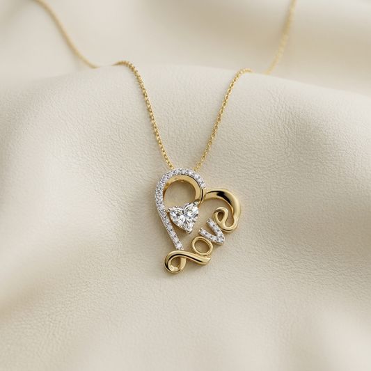 Yellow gold love script heart solitaire diamond pendant necklace
Elegant love pendant with heart shaped solitaire diamond
Luxury yellow gold script love necklace with pavé diamond accents
Fine jewelry love word pendant featuring heart cut diamond
Contemporary love script heart pendant on delicate gold chain
Premium yellow gold love necklace with sparkling heart shaped solitaire
Designer love script diamond pendant close up
Romantic yellow gold love pendant with heart cut center diamond
Stylish love themed h