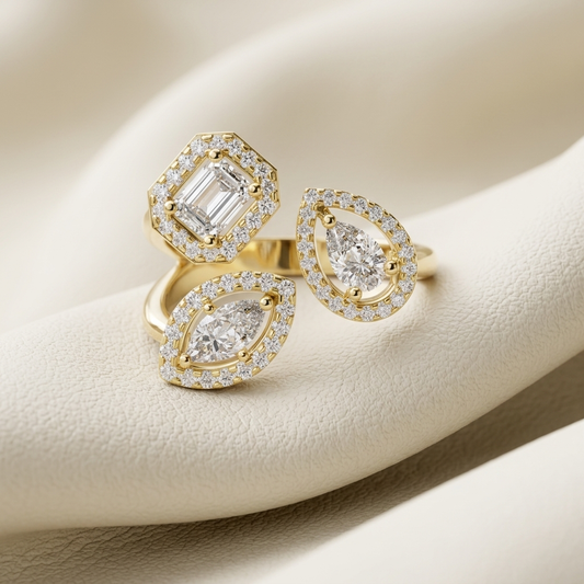 Elegant yellow gold rings with halo diamond settings
Trio of luxury gold rings featuring oval and emerald cut diamonds
Fine jewelry collection with sparkling halo diamond designs
Stylish gold rings with brilliant center stones and pavé diamonds
Premium designer rings with oval and geometric diamond shapes
Close-up of luxurious gold rings with detailed diamond halos
Contemporary gold ring set with bold and radiant diamond styles
High-end jewelry rings with intricate diamond craftsmanship
Sophisticated trio o
