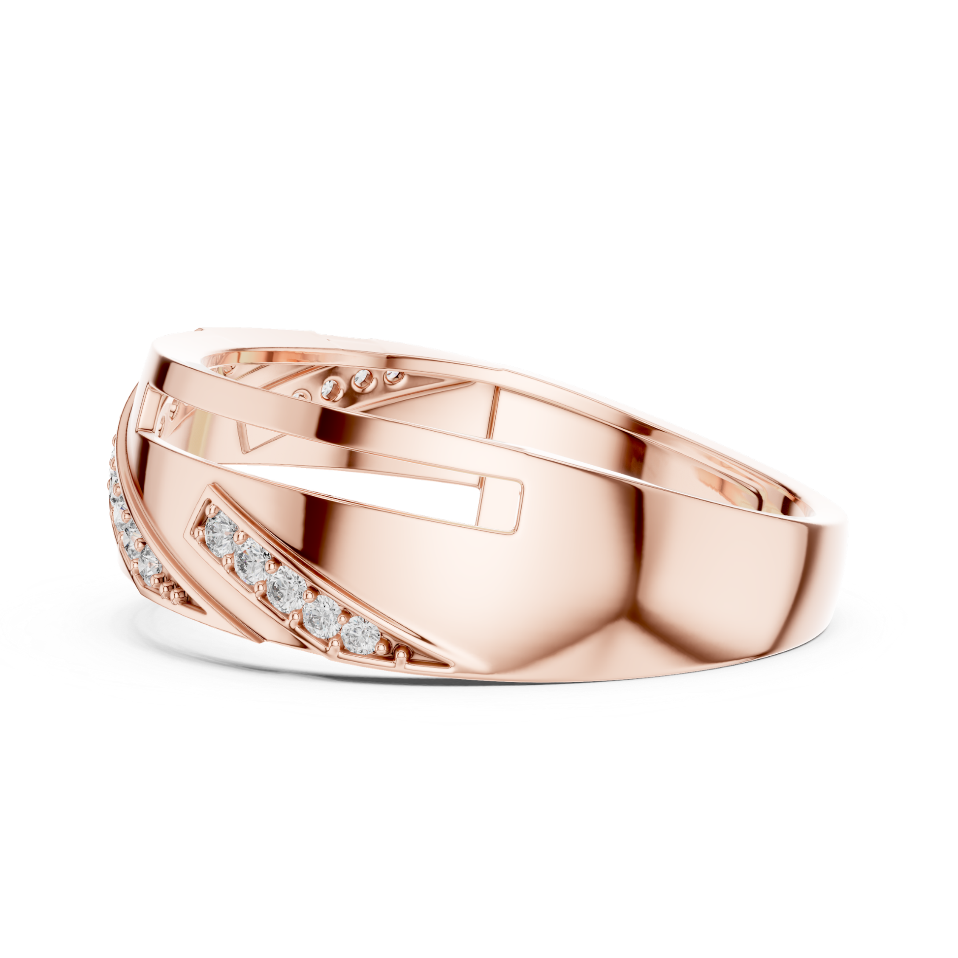 Side profile rose gold ring with round diamonds
Rose gold diamond ring side view for women
Luxury rose gold open style diamond ring
Elegant rose gold geometric ring side angle
Modern rose gold fashion ring with diamonds
Stylish rose gold statement ring side perspective
Premium rose gold diamond band side profile
Fine jewelry rose gold pave diamond ring
Contemporary rose gold ring with sleek design
Beautiful rose gold diamond ring side detail
