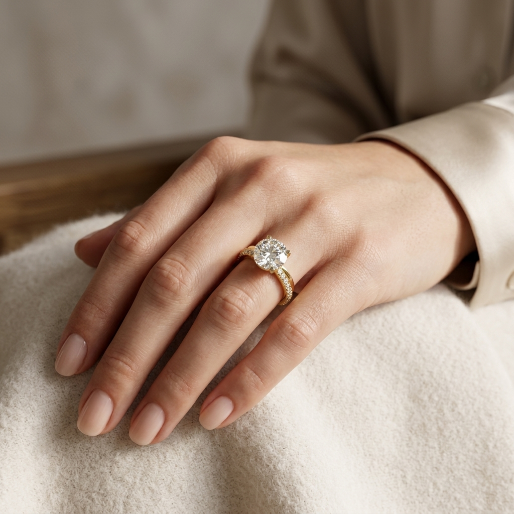 Luxury round diamond solitaire engagement ring on hand
Yellow gold solitaire diamond ring worn on finger
Elegant women's engagement ring with round diamond
Fine jewelry solitaire ring lifestyle image
Classic yellow gold diamond engagement ring
Sparkling round diamond ring close up
Premium bridal solitaire ring on hand
Modern yellow gold engagement ring
Timeless diamond solitaire ring for women
Luxury diamond ring with pavé band