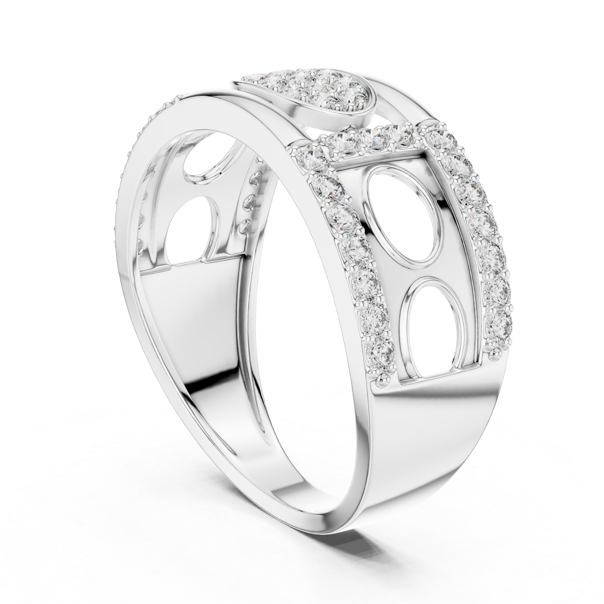 Angle view white gold oval diamond designer ring
White gold ring with oval diamond cluster top detail
Luxury white gold round diamond fashion ring
Elegant white gold pave diamond statement ring
Modern white gold designer ring with diamonds
Premium white gold oval motif diamond ring
Fine jewelry white gold diamond ring perspective view
Contemporary white gold openwork diamond ring
Beautiful white gold ring with sparkling diamonds
Trendy white gold oval diamond ring angle view