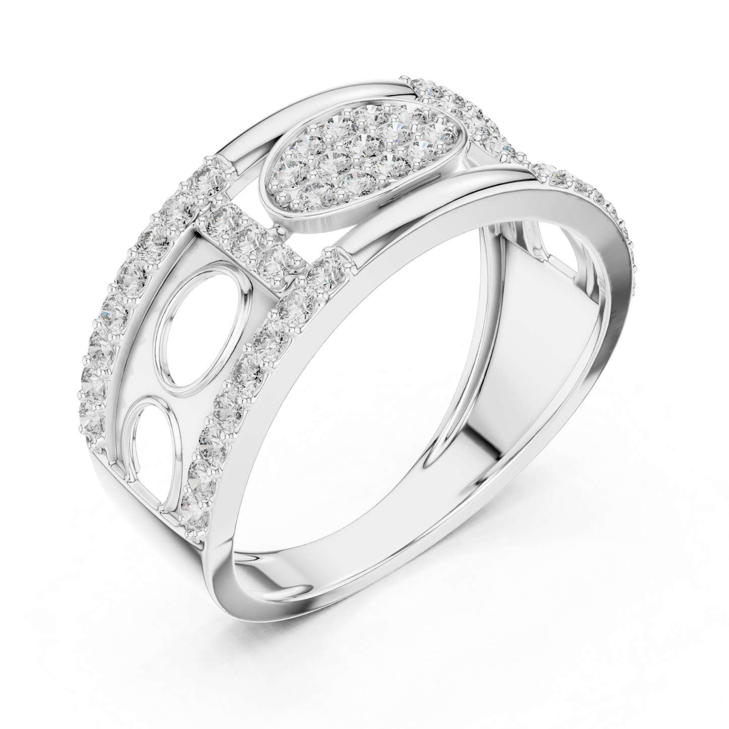 Perspective view white gold oval diamond ring
White gold ring with oval diamond cluster design
Luxury white gold round diamond fashion ring
Elegant white gold pave diamond statement ring
Modern white gold designer ring with diamonds
Premium white gold oval motif diamond ring
Fine jewelry white gold diamond ring angle view
Contemporary white gold openwork diamond ring
Beautiful white gold ring with sparkling diamonds
Trendy white gold oval diamond ring perspective