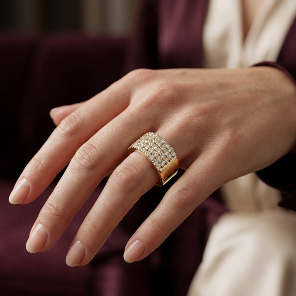 Wide pavé diamond ring worn on hand
Yellow gold diamond statement ring lifestyle
Elegant multi row diamond ring on finger
Luxury wide gold ring with pavé diamonds
Premium diamond band worn by woman
Fine jewelry yellow gold ring on hand
Contemporary wide diamond band lifestyle
Sparkling pavé diamond ring close up
Modern yellow gold statement ring
Elegant diamond ring for women