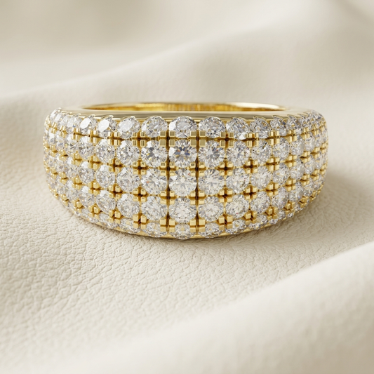 Luxury yellow gold five row diamond band ring
Wide pavé diamond band in yellow gold
Elegant multi row diamond wedding band
Premium round diamond statement ring
Close up of sparkling diamond band
Fine jewelry wide diamond ring
Modern yellow gold pavé band
Brilliant diamond ring with multiple rows
High polish yellow gold diamond band
Luxury wide diamond ring close up