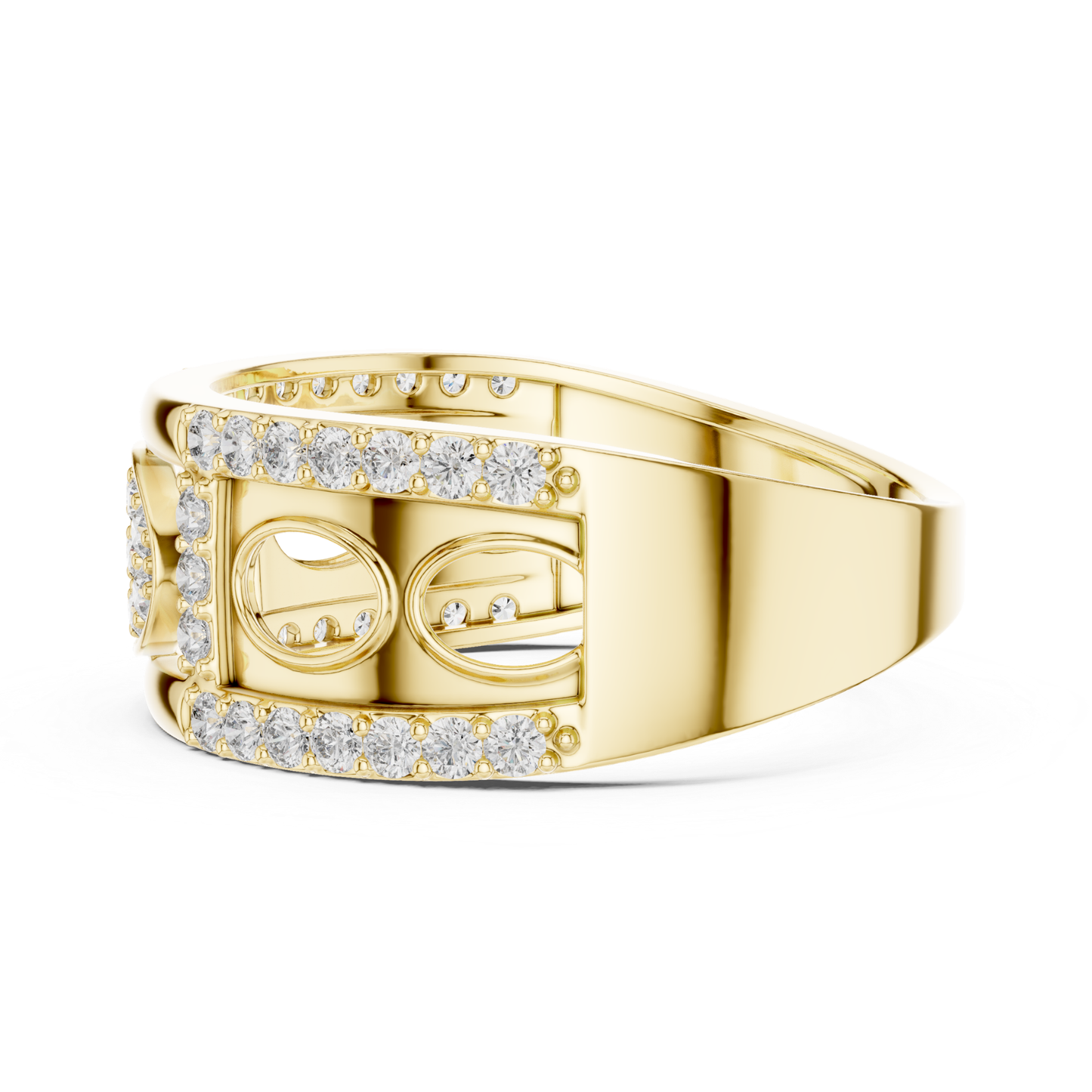 Side view yellow gold oval diamond designer ring
Yellow gold ring with round diamonds side profile
Luxury yellow gold diamond fashion ring side angle
Elegant yellow gold pave diamond ring side view
Modern yellow gold statement ring with diamonds
Premium yellow gold oval motif diamond ring
Fine jewelry yellow gold diamond ring profile view
Contemporary yellow gold openwork diamond ring
Beautiful yellow gold ring with diamond accents
Trendy yellow gold diamond ring side perspective
