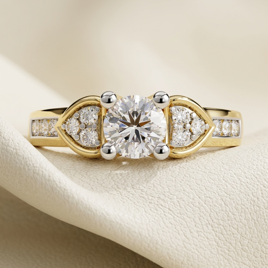 Yellow gold marquise accent solitaire diamond engagement ring
Elegant round solitaire diamond ring with marquise side accents
Luxury yellow gold engagement ring with channel set diamonds
Fine jewelry round brilliant solitaire ring with diamond accent shoulders
Contemporary yellow gold engagement ring featuring marquise inspired side details
Premium yellow gold solitaire diamond ring with sparkling side stones
Designer round diamond engagement ring close up
Classic yellow gold solitaire ring with diamond acc