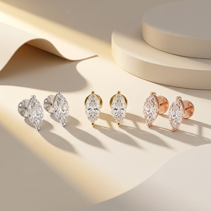 Marquise diamond stud earrings available in white, yellow, and rose gold finishes.
Luxury marquise cut diamond stud earrings crafted in white, yellow, and rose gold.
Elegant marquise solitaire diamond earrings showcased in three premium gold tones.
Fine jewelry marquise diamond studs featuring brilliant marquise-cut diamonds in three gold finishes.
Contemporary marquise cut diamond earrings displayed in white, yellow, and rose gold.
Premium marquise solitaire diamond stud earrings designed in three luxuriou