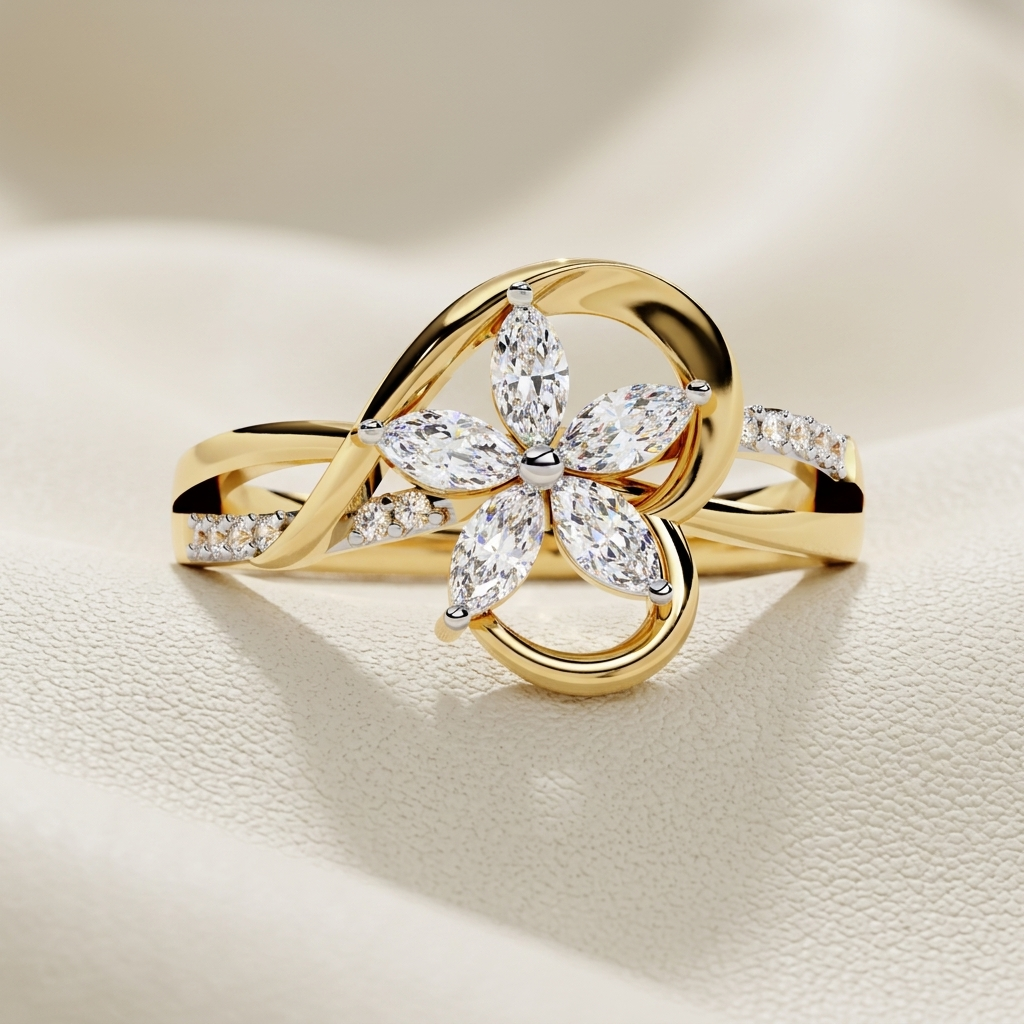 Yellow gold floral ring with marquise diamond petals
Five marquise diamonds forming a delicate flower centerpiece
Sculptural gold ring featuring a sparkling diamond blossom
Elegant floral diamond ring with sweeping openwork curves
Brilliant marquise stones arranged in a graceful petal formation
Artistic yellow gold ring with intertwined diamond accented bands
Radiant flower motif ring showcasing elongated diamond petals
Fine jewelry floral ring with fluid polished gold detailing
Contemporary diamond bloom r