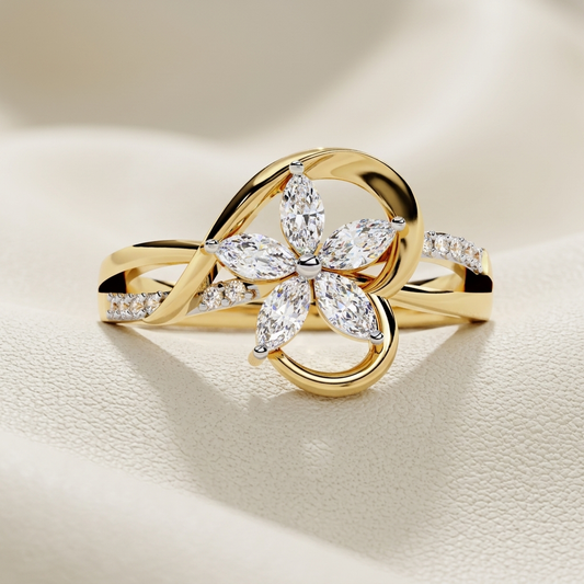 Yellow gold floral ring with marquise diamond petals
Five marquise diamonds forming a delicate flower centerpiece
Sculptural gold ring featuring a sparkling diamond blossom
Elegant floral diamond ring with sweeping openwork curves
Brilliant marquise stones arranged in a graceful petal formation
Artistic yellow gold ring with intertwined diamond accented bands
Radiant flower motif ring showcasing elongated diamond petals
Fine jewelry floral ring with fluid polished gold detailing
Contemporary diamond bloom r