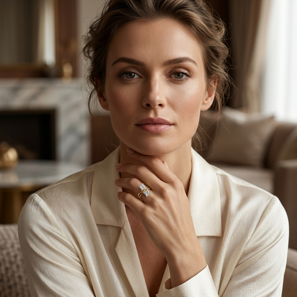 Elegant portrait featuring a delicate diamond ring
Woman wearing minimal gold ring with dual diamonds
Close-up lifestyle shot with modern ring styling
Sophisticated look with subtle diamond jewelry
Fine jewelry ring showcased in soft portrait lighting
Stylish hand pose highlighting elegant ring design
Contemporary gold ring worn in a natural setting
Premium lifestyle image with refined jewelry focus
Minimal ring adding elegance to everyday look
Modern diamond ring styled in soft portrait