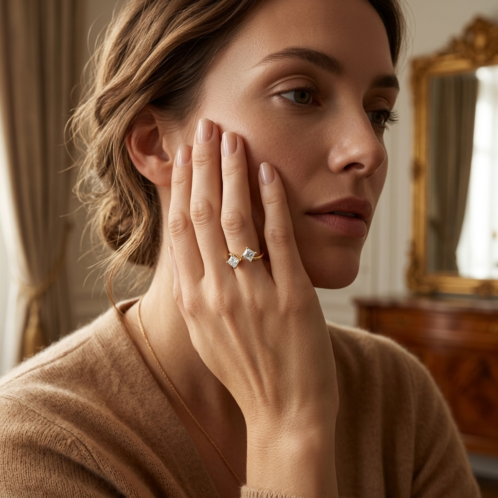 Elegant open ring with two sparkling diamonds on hand
Minimal gold ring featuring dual diamond centerpiece
Stylish bypass ring worn in a soft lifestyle portrait
Fine jewelry ring with clean and modern diamond design
Contemporary open band ring with balanced diamond setting
Close-up of hand wearing a sleek double diamond ring
Sophisticated gold ring with minimal twin diamond detail
Luxury lifestyle shot highlighting modern diamond ring
Delicate open ring with refined geometric diamond look
Premium gold ring 