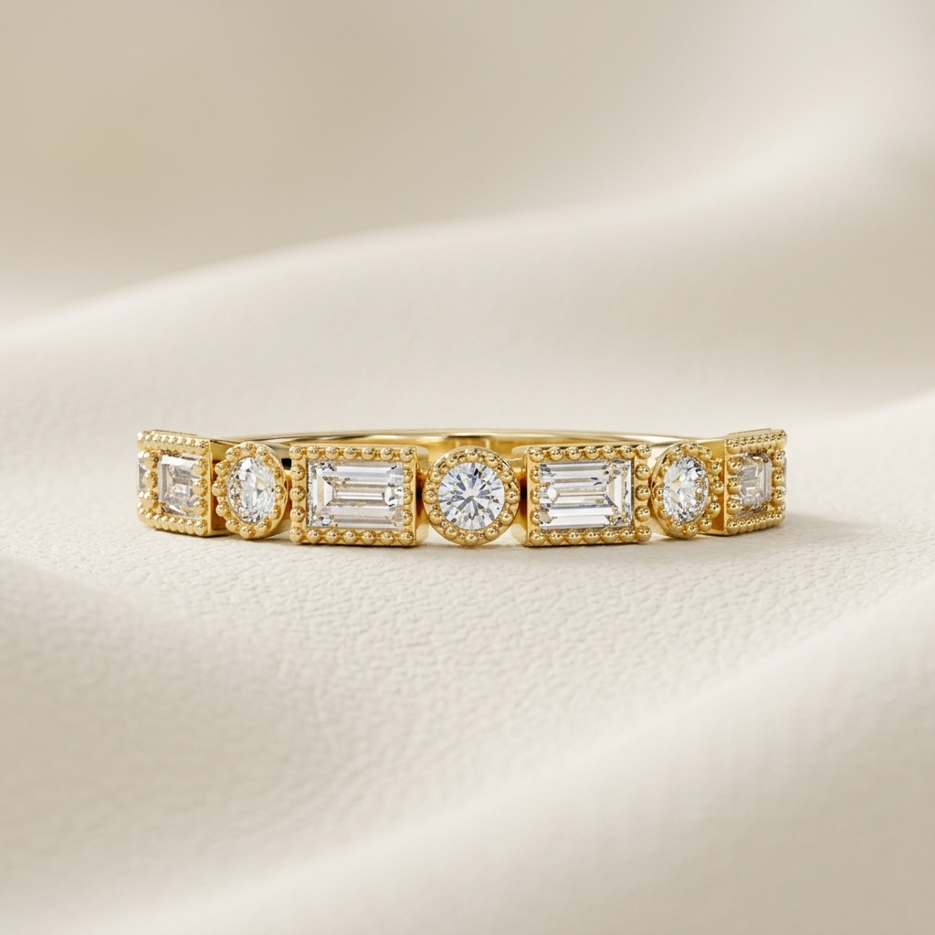 Yellow gold band with alternating emerald and round diamonds
Mixed cut diamond band featuring geometric framed stone settings
Brilliant round and rectangular diamonds arranged in repeating sequence
Elegant gold band with decorative beaded borders around each diamond
Alternating diamond shapes showcased across structured gold panels
Fine jewelry band combining emerald cut stones and circular diamonds
Ornate yellow gold band with detailed milgrain inspired frames
Geometric diamond band featuring rhythmic mixe