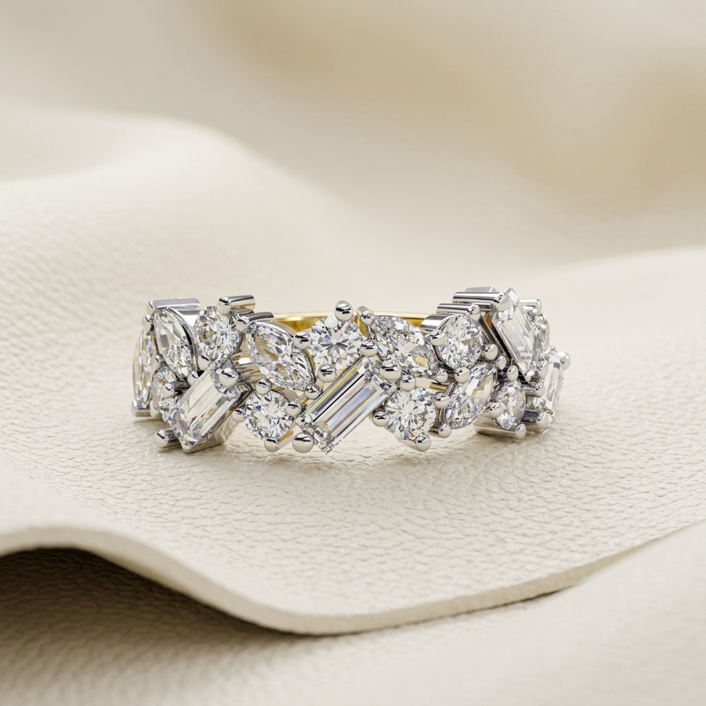 Yellow gold band with mixed shape diamond cluster arrangement
Brilliant marquise baguette and round diamonds in a mosaic setting
Artistic diamond band featuring multidirectional mixed cut stones
Sculptural gold band with densely clustered geometric diamonds
Radiant mixed diamond band showcasing layered stone shapes
Fine jewelry band featuring scattered elongated and round diamonds
Contemporary diamond band with asymmetrical mosaic inspired detailing
Bold gold band adorned with dynamic mixed cut diamond clus