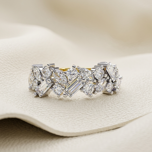 Yellow gold band with mixed shape diamond cluster arrangement
Brilliant marquise baguette and round diamonds in a mosaic setting
Artistic diamond band featuring multidirectional mixed cut stones
Sculptural gold band with densely clustered geometric diamonds
Radiant mixed diamond band showcasing layered stone shapes
Fine jewelry band featuring scattered elongated and round diamonds
Contemporary diamond band with asymmetrical mosaic inspired detailing
Bold gold band adorned with dynamic mixed cut diamond clus