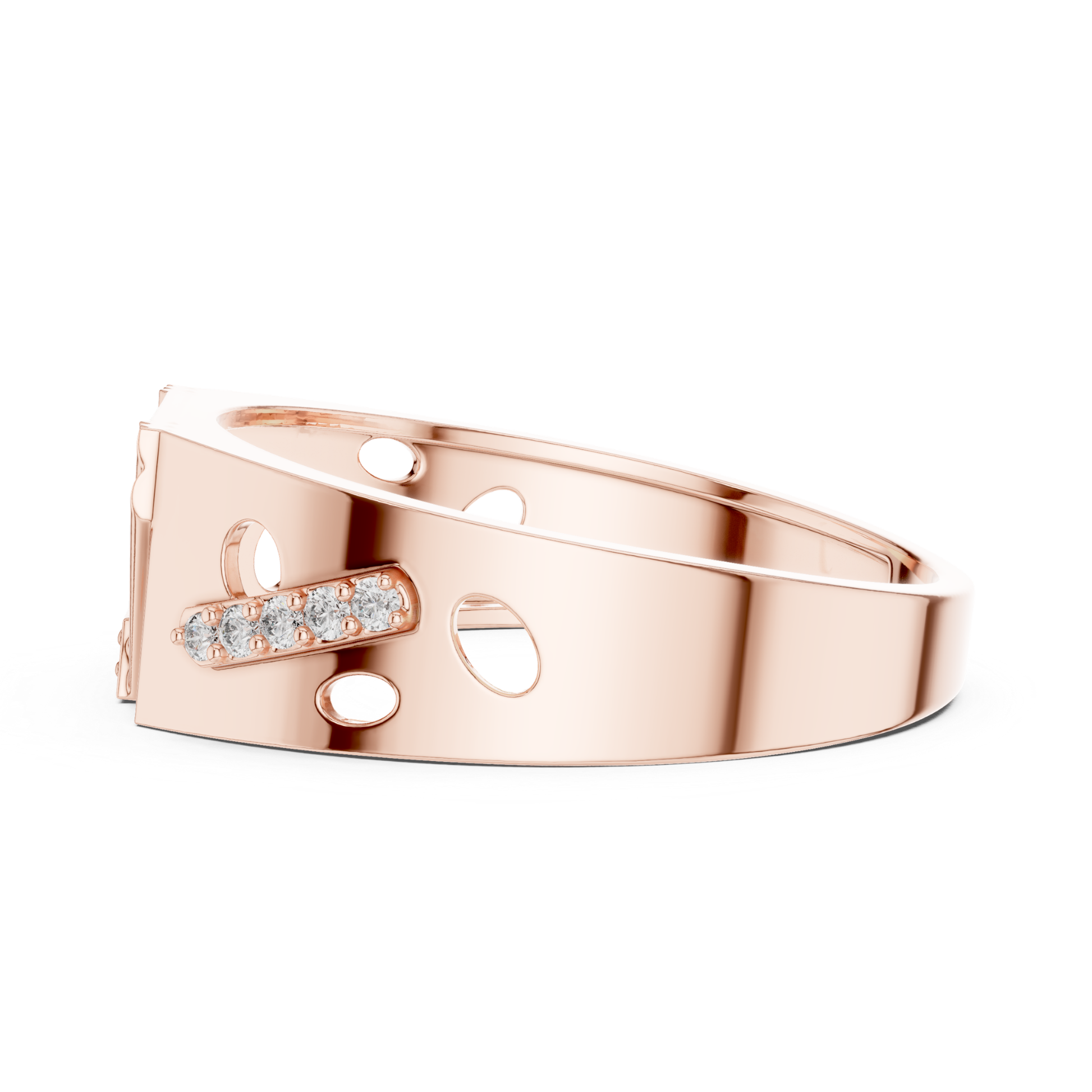 Side view diamond rose gold band ring
Rose gold ring with diamond accent bar
Diamond rose gold band with circular cutouts
Wide rose gold ring featuring diamond details
Contemporary rose gold band with open accents
Polished rose gold ring with geometric elements
Modern rose gold band showcasing diamonds
Tapered rose gold ring with diamond accent row
Structured rose gold band with openwork details
Rose gold ring with decorative diamond setting