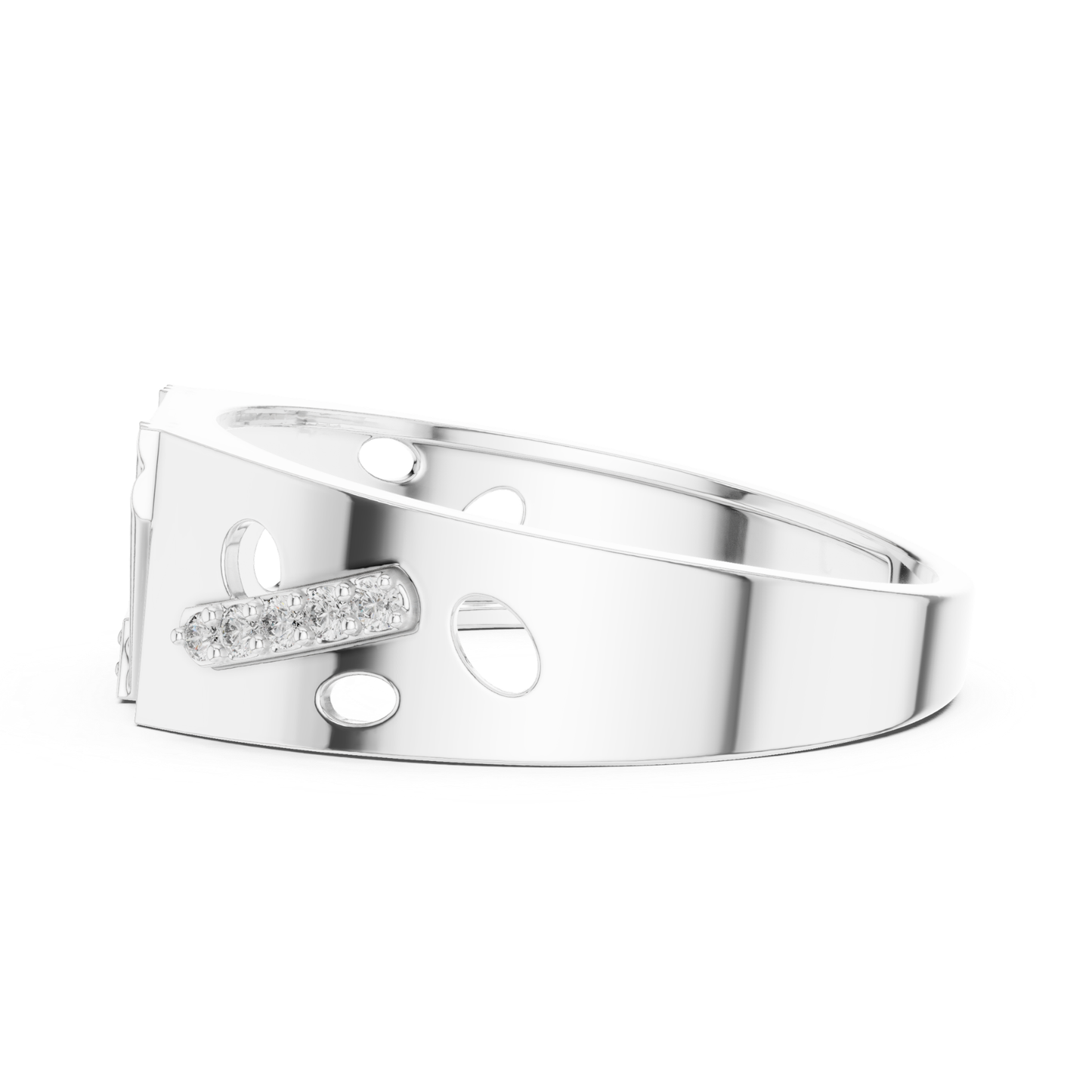 Side view diamond white gold band ring
White gold ring with diamond accent bar
Diamond white gold band with circular cutouts
Wide white gold ring featuring diamond details
Contemporary white gold band with open accents
Polished white gold ring with geometric elements
Modern white gold band showcasing diamonds
Tapered white gold ring with diamond accent row
Structured white gold band with openwork details
White gold ring with decorative diamond setting