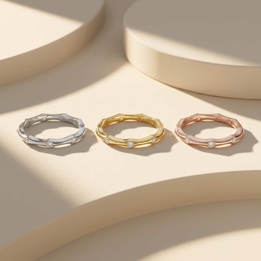 Bezel set diamond rings in white yellow and rose gold
Elegant trio eternity rings with spaced diamond accents
Luxury gold rings with bezel set diamonds in three tones
Fine jewelry eternity bands with minimal diamond layout
Modern rings with floating diamond settings in mixed metals
Premium trio rings with subtle bezel diamond design
Stylish eternity bands with soft wave shape and diamonds
Contemporary rings collection with delicate diamond placement
High end gold rings with evenly spaced diamond accents
Min