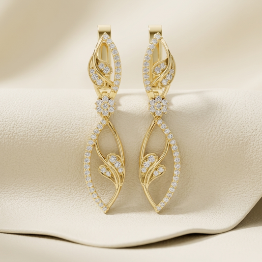 Nature inspired diamond leaf drop earrings in yellow gold
Elegant yellow gold leaf design diamond dangle earrings
Floral diamond drop earrings with open leaf pattern
Luxury yellow gold diamond earrings with leaf motif
Fine jewelry diamond leaf earrings for women
Sparkling pavé diamond leaf drop earrings in gold
Designer floral inspired yellow gold diamond earrings
Modern open leaf diamond dangle earrings with floral accent
Premium yellow gold diamond statement leaf earrings
Handcrafted leaf pattern diamond 