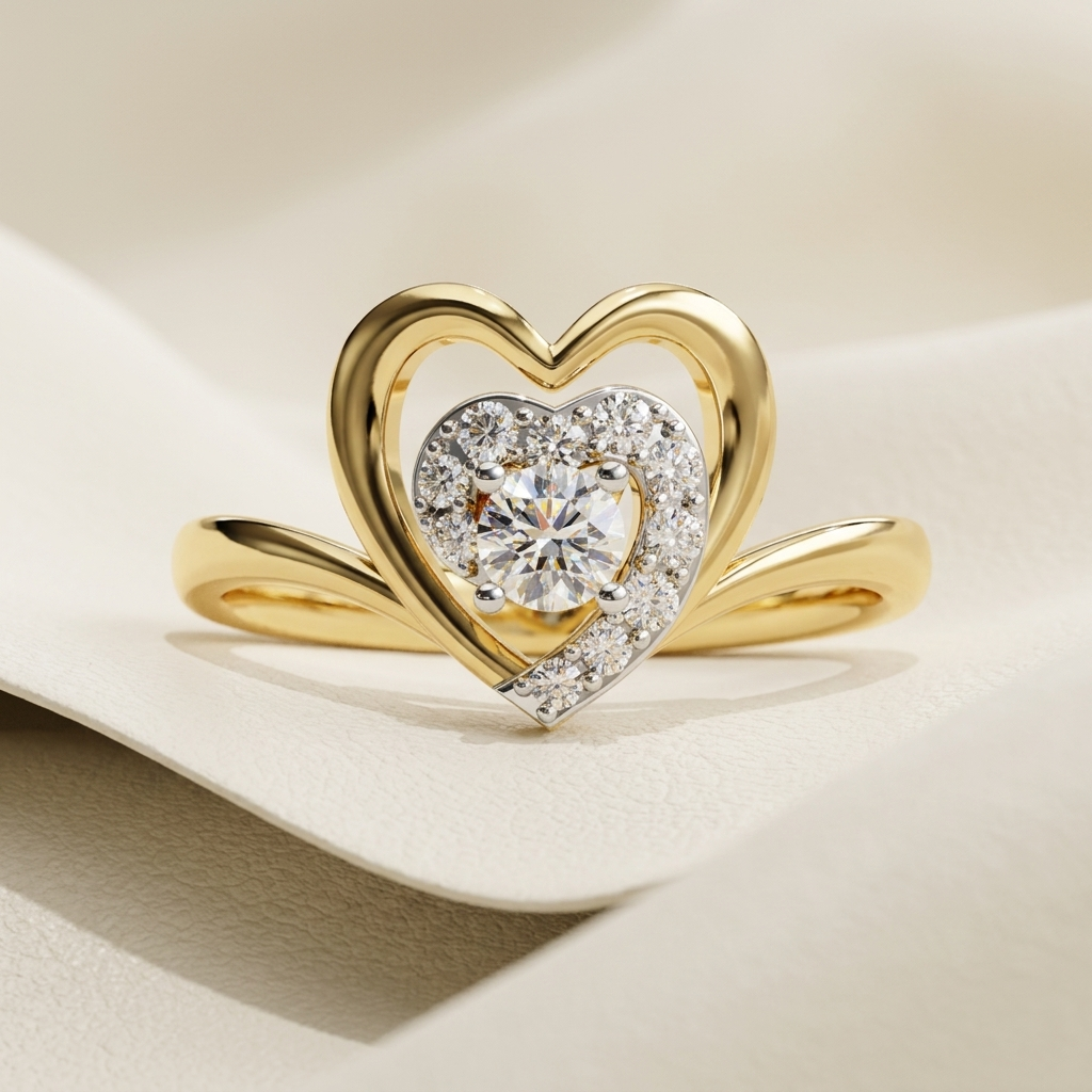 Yellow gold double heart ring with brilliant round center diamond
Sculpted open heart frame surrounding a sparkling diamond centerpiece
Elegant nested heart ring with curved pavé diamond accents
Romantic gold ring featuring intertwined heart shaped details
Round solitaire diamond embraced by a shimmering inner heart
Artistic yellow gold ring with layered heart silhouette design
Refined diamond heart ring featuring a graceful sweeping band
Polished outer heart framing a delicate diamond studded motif
Contemp