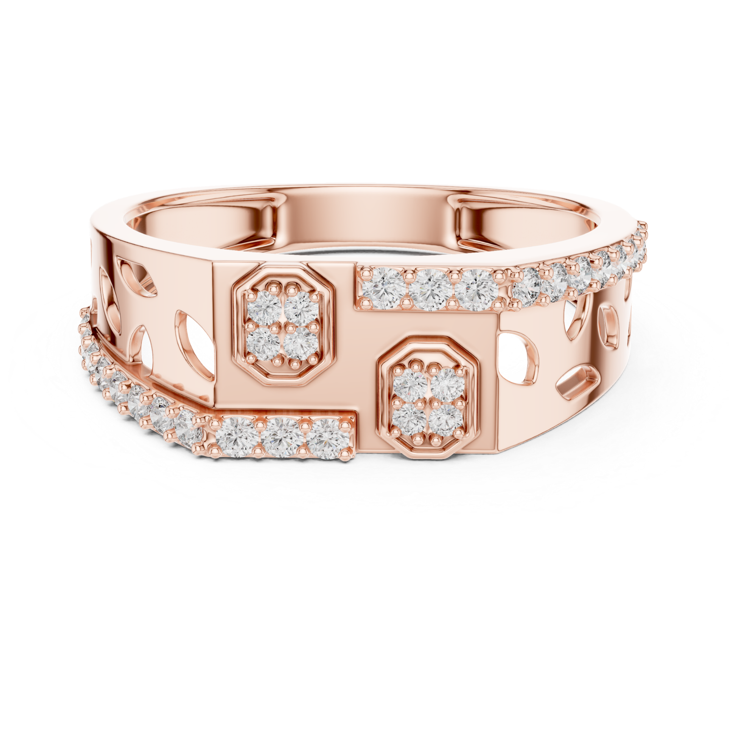 Octagon diamond rose gold band ring
Rose gold ring with octagon diamond clusters
Geometric diamond rose gold statement band
Wide rose gold ring with diamond row accents
Openwork rose gold band with diamond details
Octagon cluster diamond rose gold ring
Rose gold geometric ring with diamond sections
Architectural rose gold band with diamond rows
Diamond accented rose gold open gallery ring
Structured rose gold band with octagon diamonds