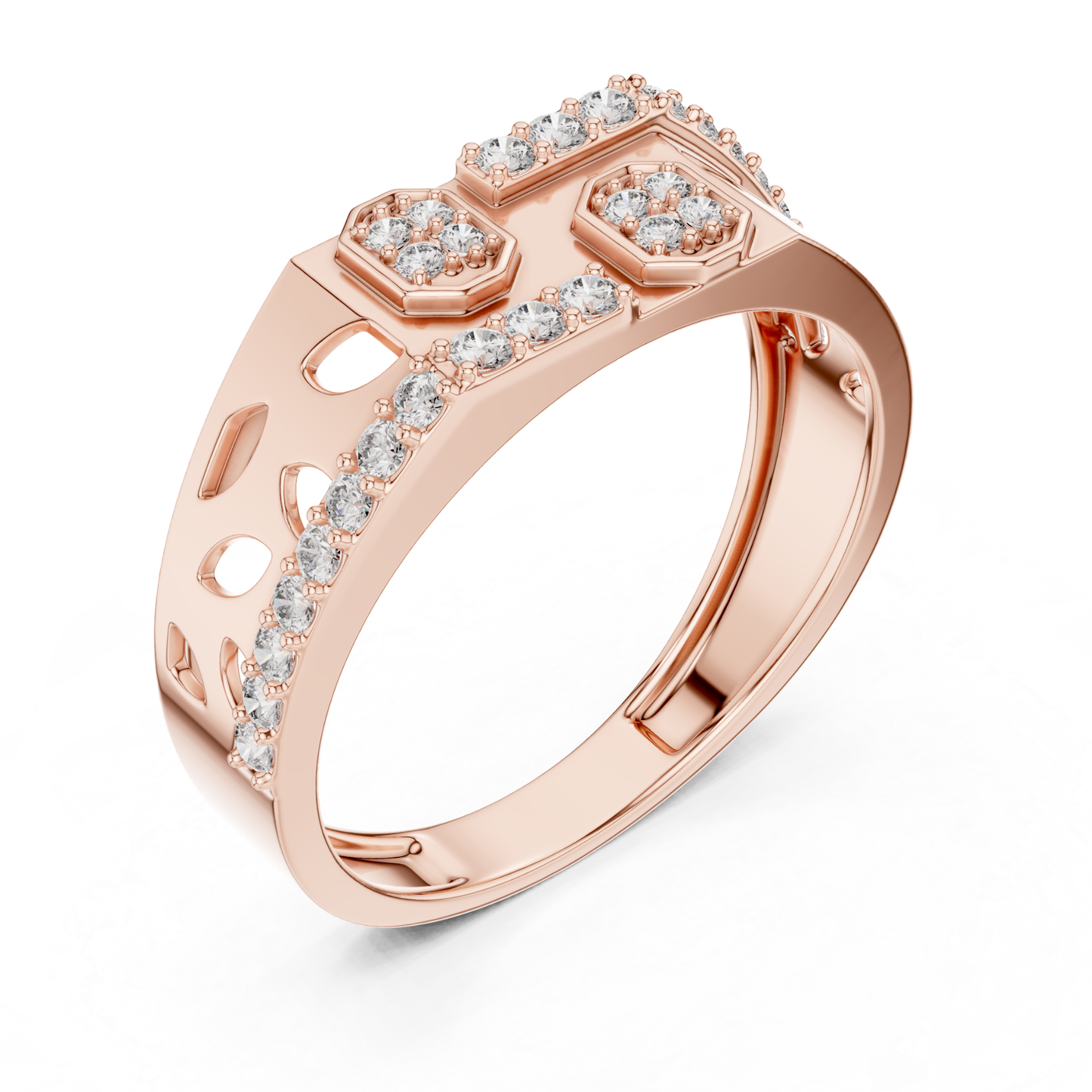 Angled open gallery diamond cluster rose gold ring
Rose gold statement ring with diamond clusters
Diamond border rose gold ring with openwork details
Geometric rose gold band featuring diamonds
Architectural rose gold ring with diamond accents
Wide rose gold ring with decorative diamond rows
Open cutout rose gold band with geometric motifs
Structured rose gold ring with diamond details
Contemporary rose gold statement band with diamond border
Elevated diamond rose gold ring angled view