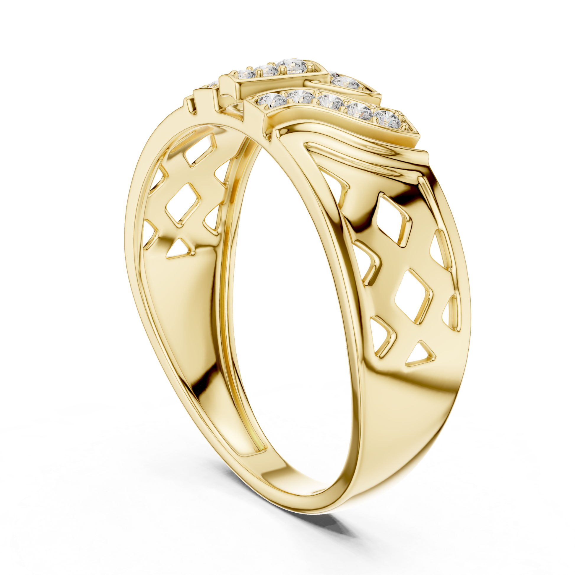 Open gallery diamond yellow gold ring
Yellow gold ring with geometric cutout details
Diamond yellow gold band from rear angle
Contemporary yellow gold ring with openwork pattern
Wide yellow gold band featuring diamond accents
Sculpted yellow gold ring with geometric openings
Modern yellow gold band with decorative cutouts
Polished yellow gold ring showcasing open gallery design
Architectural yellow gold band with diamond details
Tapered yellow gold ring with geometric pattern