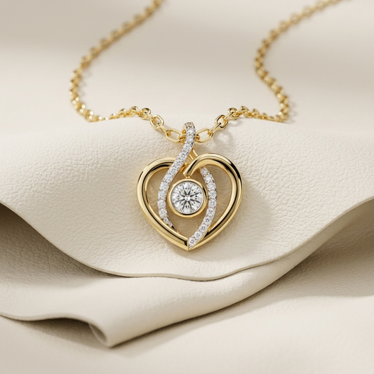 Yellow gold open heart bezel diamond pendant necklace
Elegant open heart pendant with bezel set round diamond
Luxury yellow gold heart necklace with pavé diamond accents
Fine jewelry open heart diamond pendant on delicate gold chain
Contemporary heart pendant featuring a bezel set solitaire diamond
Premium yellow gold open heart necklace with sparkling diamond details
Designer open heart bezel diamond pendant close up
Romantic yellow gold heart pendant with brilliant round center diamond
Stylish open heart 
