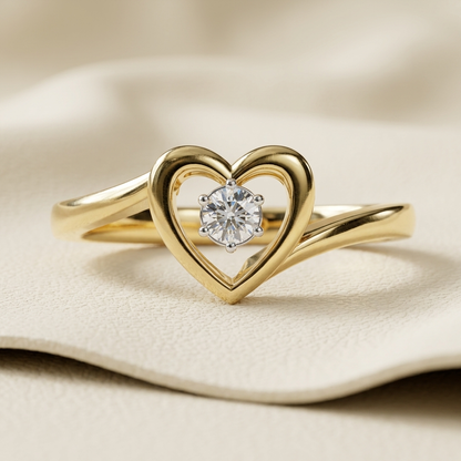 Yellow gold open heart ring with floating round solitaire diamond
Brilliant round diamond suspended inside a polished heart frame
Elegant heart motif ring featuring a six prong center diamond
Sculpted yellow gold heart ring with graceful crossover band
Radiant solitaire diamond centered within an openwork heart silhouette
Minimal love inspired ring with a luminous round diamond centerpiece
Polished heart shaped setting paired with a flowing gold band
Delicate diamond ring showcasing an airy heart frame desi