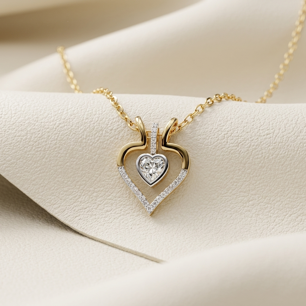 Yellow gold open heart halo solitaire diamond pendant necklace
Elegant open heart pendant with heart shaped solitaire diamond
Luxury yellow gold heart necklace with pavé diamond accents
Fine jewelry open heart halo diamond pendant on a delicate gold chain
Contemporary yellow gold heart pendant featuring a heart cut solitaire diamond
Premium open heart diamond necklace with sparkling pavé detailing
Designer open heart halo diamond pendant close up
Romantic yellow gold heart pendant with heart shaped center d
